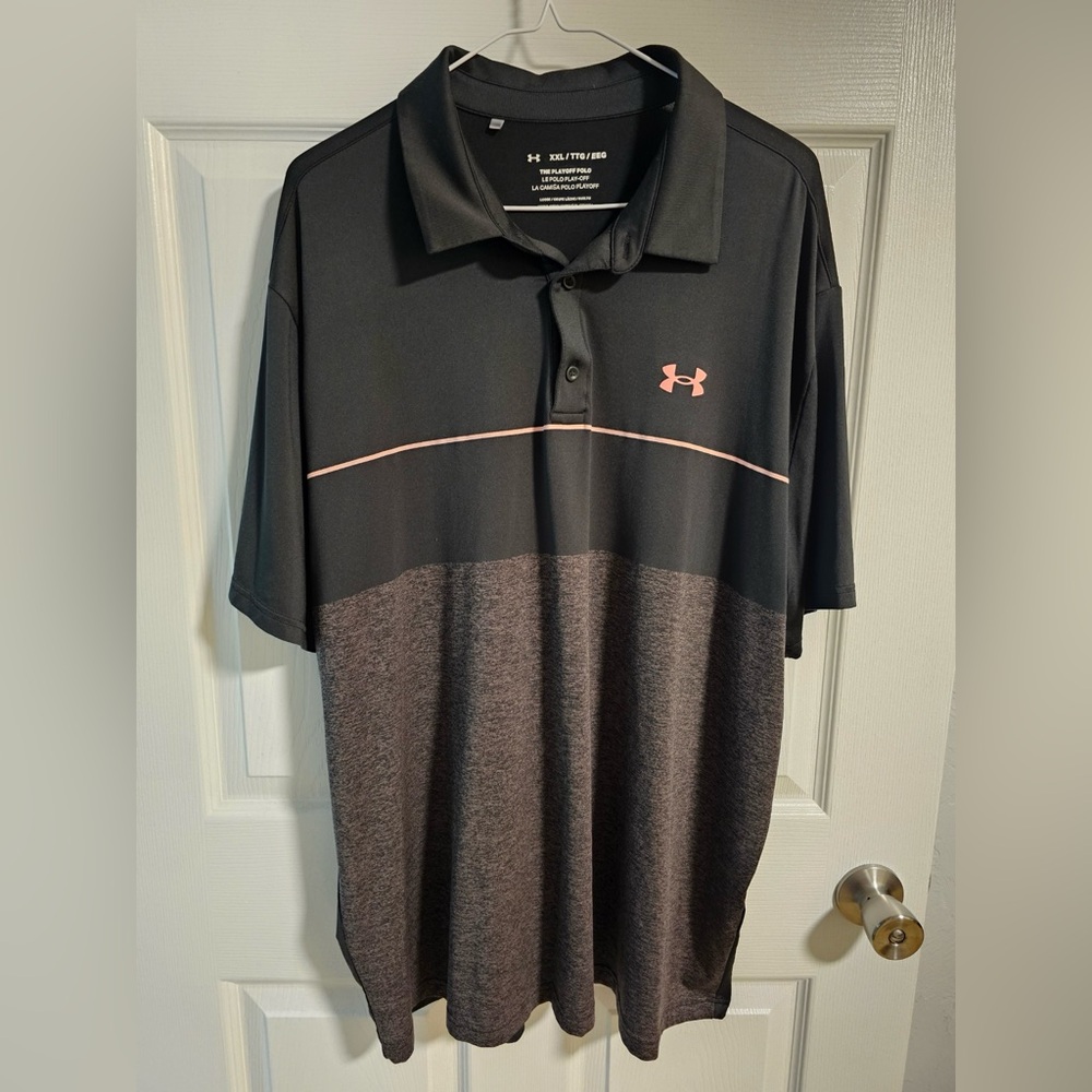 Under Armour Men's Black and Gray Polo with Pink Accent